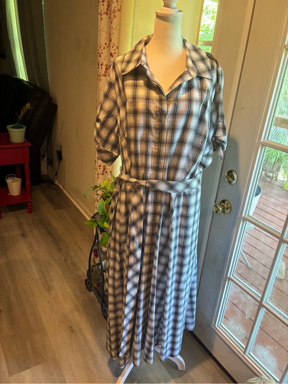 Calvin Klein Black and White Plaid Maxi Shirt Dress with Waist Tie